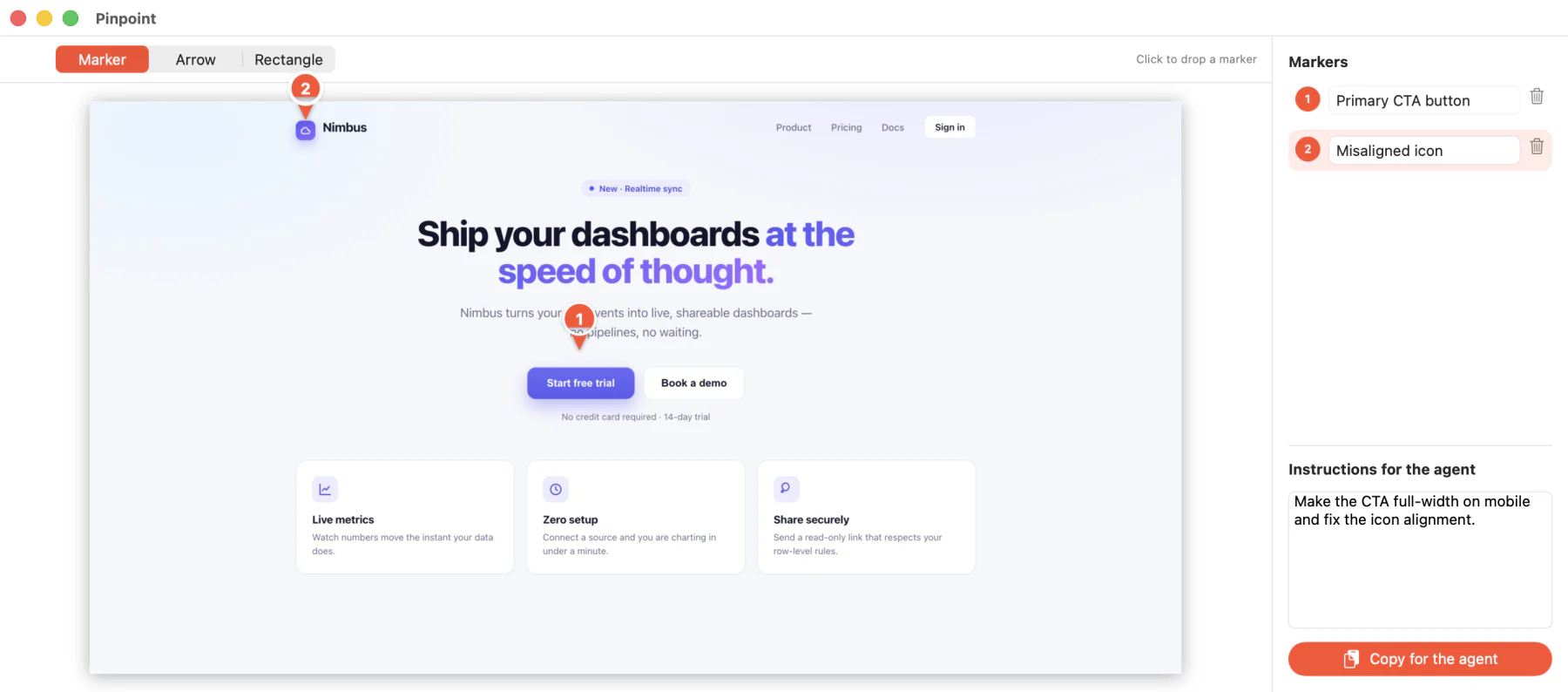 Editor — drop markers, write a note, copy for your agent