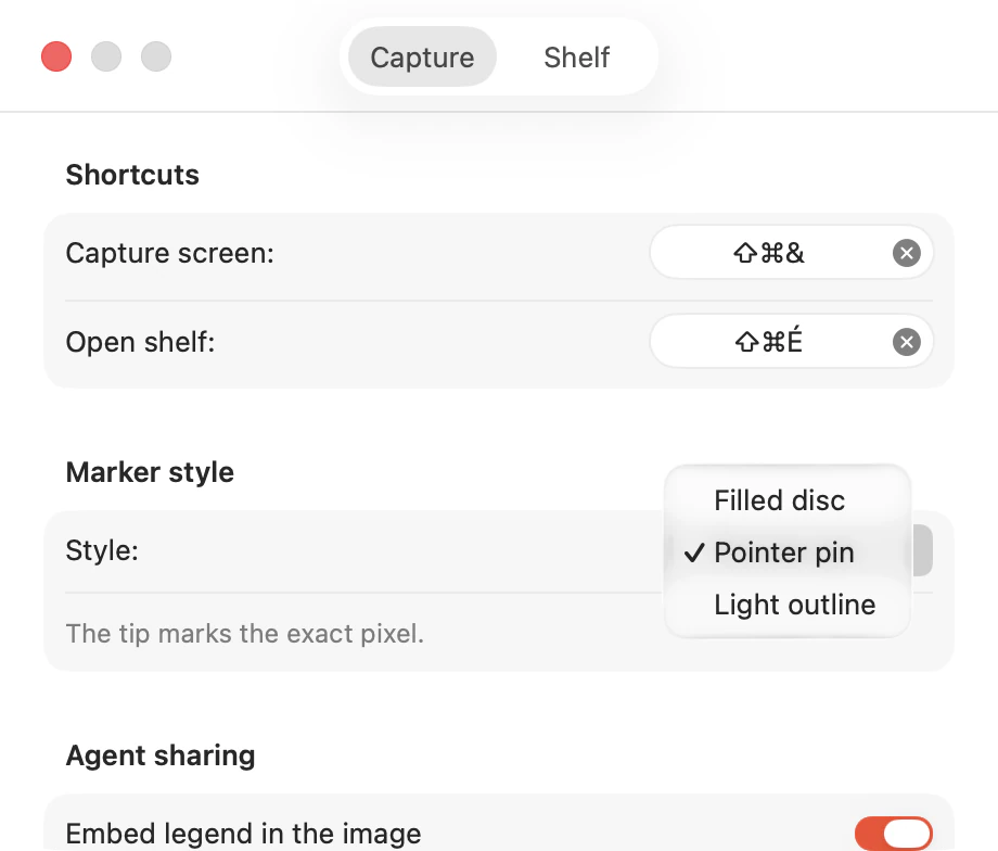 Settings — rebind the global shortcuts, pick one of three marker styles, and bake the legend into the image.