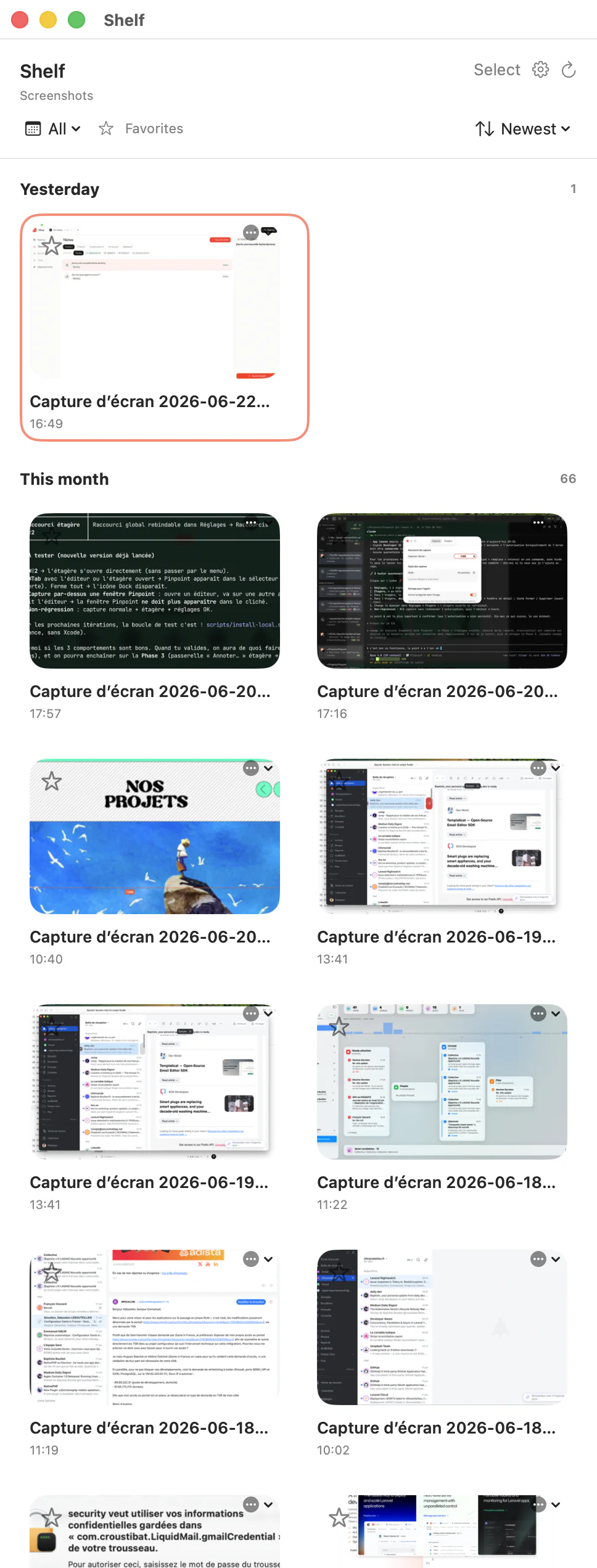 The shelf — every screenshot in one browsable library you can favorite, sort and reopen.